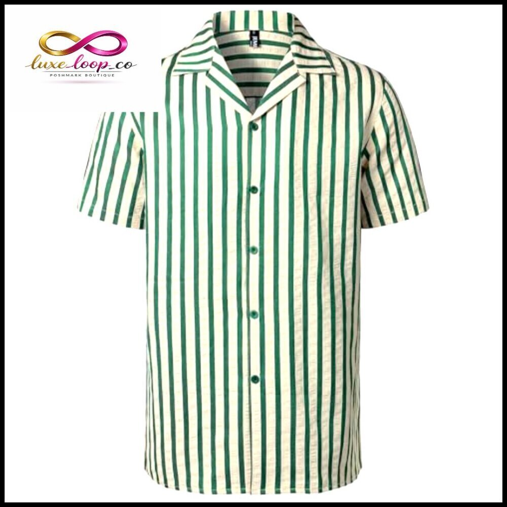 Classic Striped Seersucker Cuban Collar Shirt Short Sleeve Button Down - Picture 5 of 7